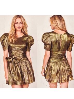 LoveShackFancy Mercy Silk Metallic Puff Sleeve Mini Fit and Flare Dress Size 0